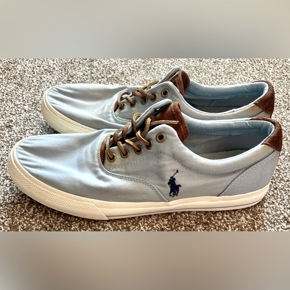 Mens Polo Ralph Lauren Vaughn Canvas Sneakers Blue Brown Leather sz 10D